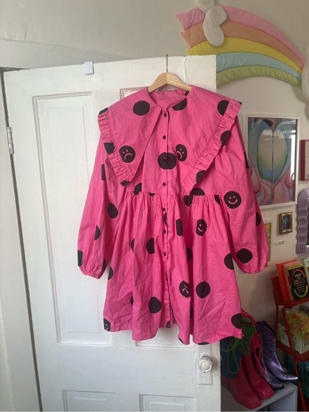 Lazy Oaf Happy Sad Hot Pink Smiley Print Ruffled Collared Dress Polka Dot NWOT